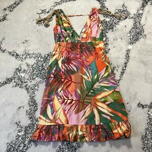 True Destinations Tropical Sundress Sz‎ L Deep V-neck rope straps ruffled hem
